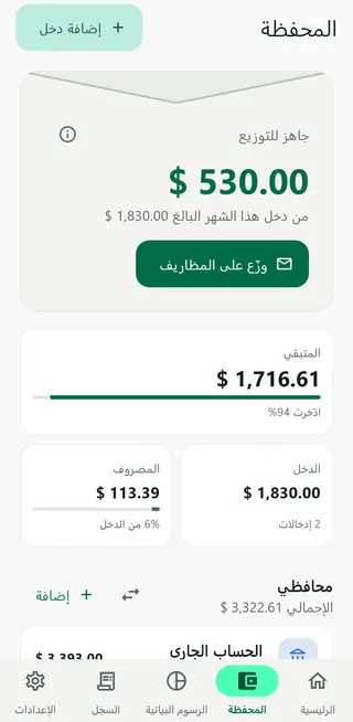 شاشة المحفظة في Envello تعرض المال الجاهز للتوزيع والدخل والمصروفات والمحافظ