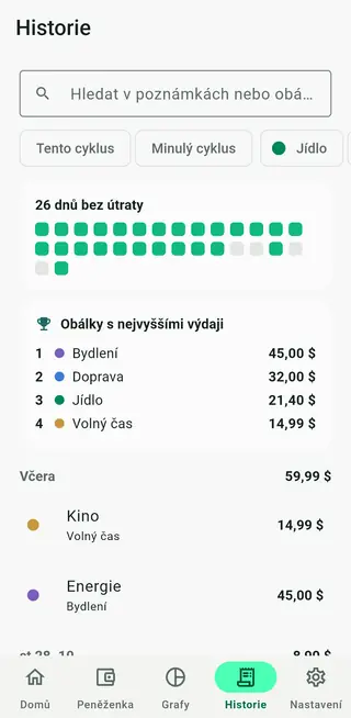 Obrazovka historie v Envello s vyhledáváním transakcí