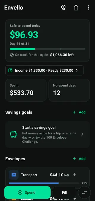 Envello home screen with the safe-to-spend card and envelope list