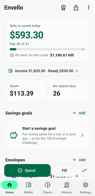 Envello home screen with the safe-to-spend card and envelope list