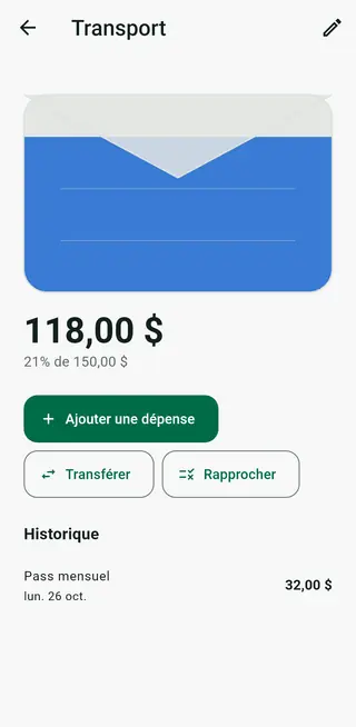 Écran de détail d'une enveloppe Envello avec son historique et le bouton de rapprochement
