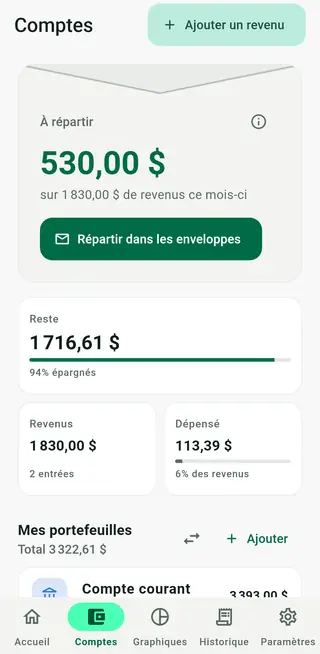Écran Comptes d'Envello avec le montant à répartir, les revenus, les dépenses et les portefeuilles