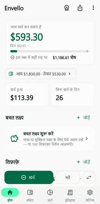Envello की होम स्क्रीन, जिसमें “आज खर्च कर सकते हैं” कार्ड और लिफ़ाफ़ों की सूची है