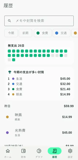 取引を検索できるEnvelloの履歴画面