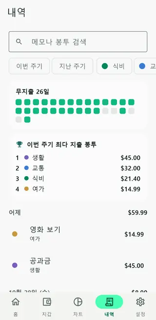 거래를 검색할 수 있는 Envello 내역 화면