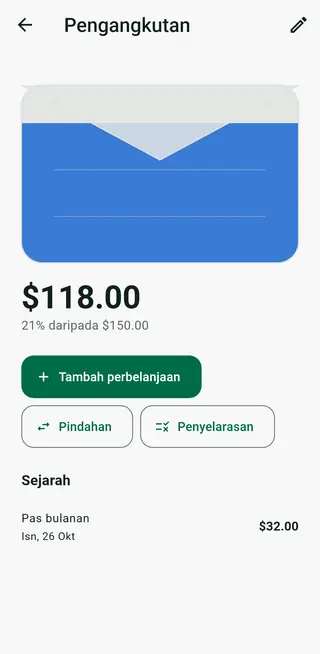 Skrin butiran sampul dalam Envello dengan sejarah dan butang penyelarasan