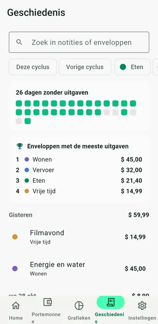 Geschiedenisscherm van Envello met doorzoekbare transacties