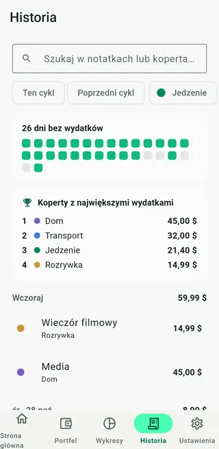 Ekran historii w Envello z wyszukiwarką transakcji