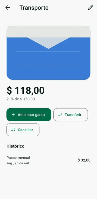 Tela de detalhes de um envelope no Envello, com o histórico e o botão de conciliar