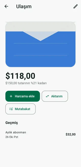 Envello'da geçmişi ve mutabakat düğmesiyle zarf ayrıntı ekranı