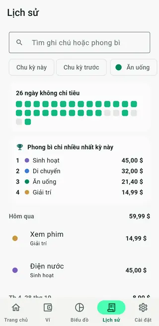 Màn hình lịch sử của Envello với các giao dịch có thể tìm kiếm