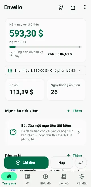 Màn hình chính của Envello với thẻ số tiền có thể tiêu và danh sách phong bì