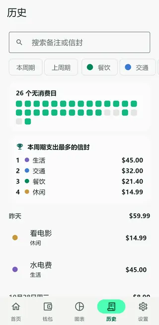Envello 历史记录页，可搜索交易