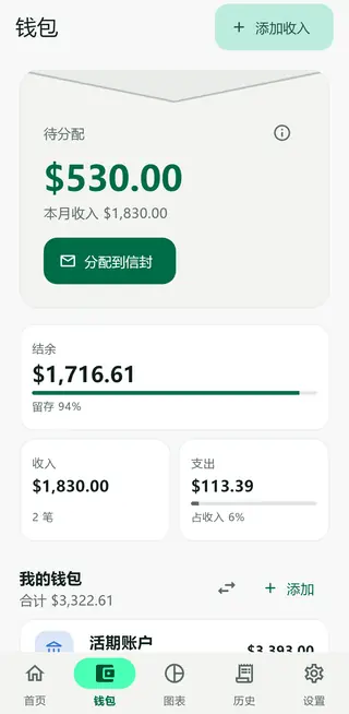 Envello 钱包页，显示待分配金额、收入、支出和各个钱包