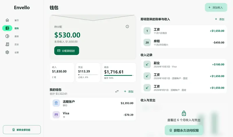 平板上的 Envello，信封和钱包并排显示